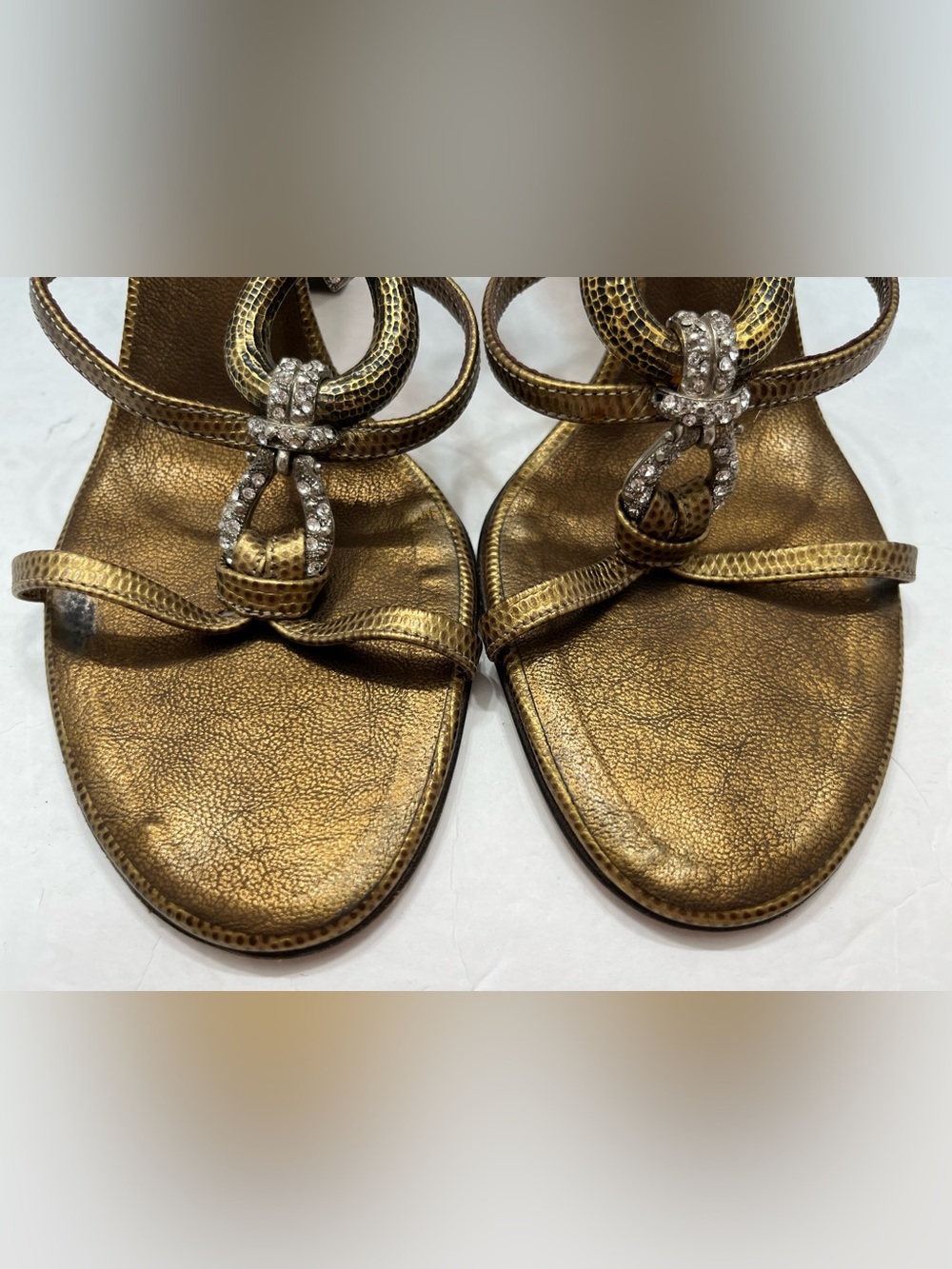 Vintage Vicini Giuseppe Zanotti Gold Crystal T-Strap Sandals Heels Size 9 - Picture 2 of 15